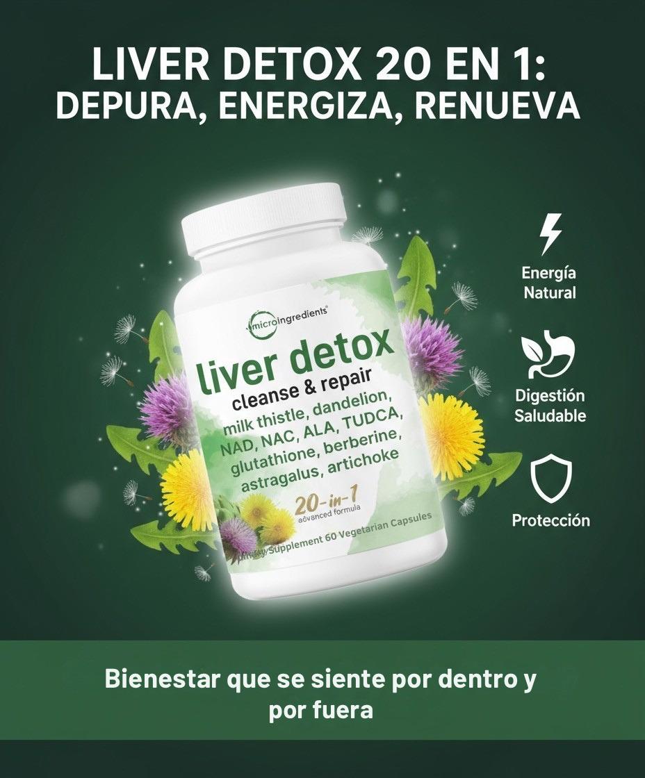 Liver Detox 20 en 1 - Depuración Hepática Avanzada con Cardo mariano, Cúrcuma y NAC para energía, Digestión y Bienestar General ( 60 cápsulas)